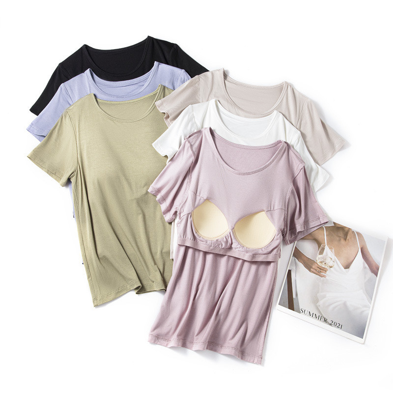 Áo thun nữ, cotton modal, mặc ở nhà, quần áo, áo thun nữ cotton modal Đồ ngủ mặc nhà đi kèm miếng đệ