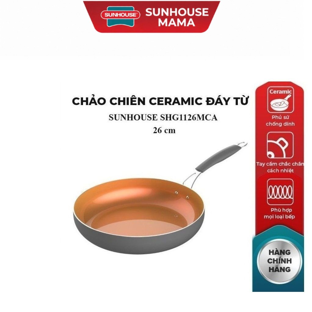 Chảo chiên Ceramic đáy từ SUNHOUSE SHG1126MCA, SHG1128MCA, SHG1130MCA, Phủ sứ chống dính, Tay cầm in