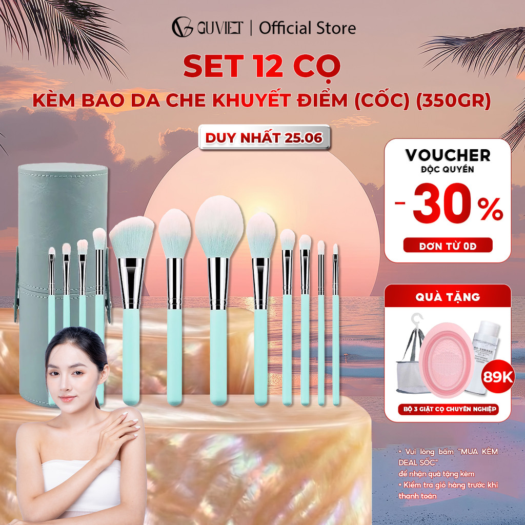 Bộ Cọ Trang Điểm Cá Nhân GUVIET gồm 12 cây cọ màu xanh ngọc kèm theo túi đựng hoặc ống cắm cọ