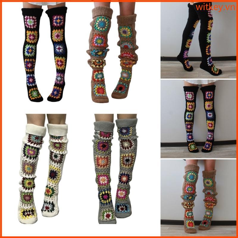 Ethnic Crochet Knitted Over Knee Thigh  Socks Women's Winter Boot Stockings