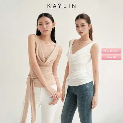 Áo kiểu KAYLIN cổ đổ phối Bra ren chất vải thun dẻo vân mây phong cách quyến rũ BST Thu Đông 2025 - A48T9