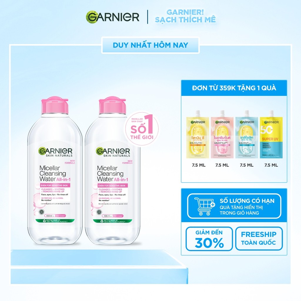 Bộ 2 nước làm sạch và tẩy trang cho da nhạy cảm (nắp hồng) Garnier 400ml x 2