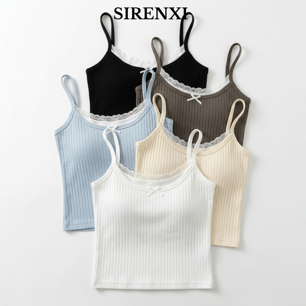 SIRENXI Spaghetti Dây Tank, Nơ Accent Ren Viền Ren Cami Top, Thời Trang Slim Fit Màu Trơn Spaghetti 