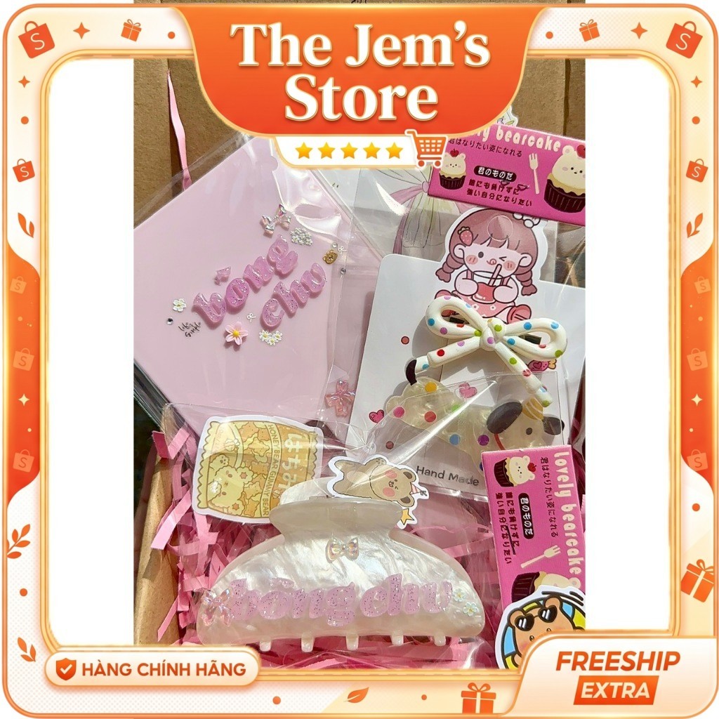 [JEM'S STORE] Combo Quà Tặng Kẹp Custom Tên + Gương + Set Kẹp chó sinh nhật + Giftbox 🐳🎁