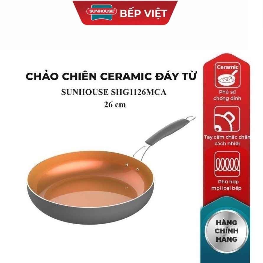 Chảo chiên Ceramic đáy từ SUNHOUSE SHG1126MCA, SHG1128MCA, SHG1130MCA, Phủ sứ chống dính, Tay cầm in
