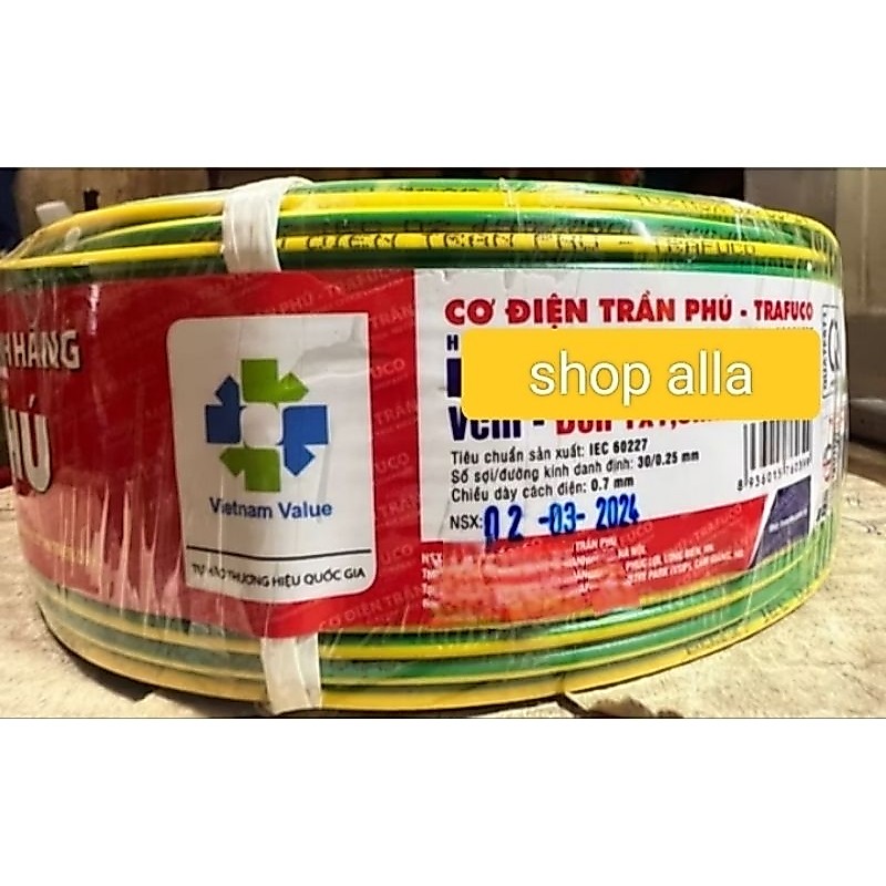 Dây điện tiếp địa xanh vàng, dây điện đơn Trần Phú [Cuộn 100met] #1x1 #1x1,5 #1x2,5 #1x4 #1x6