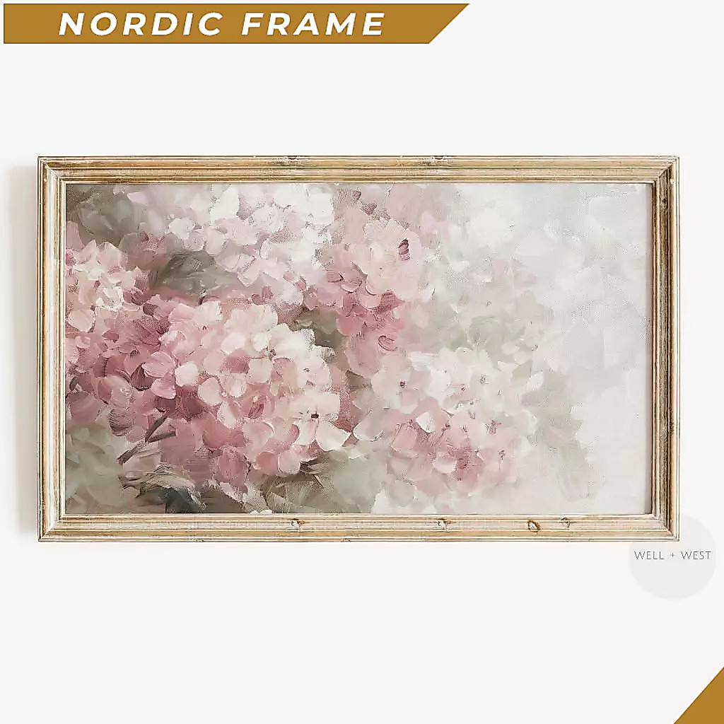 Tranh treo tường, Pastel Pink Hydrangeas Frame TV Art  Vintage Style Spring Flower Painting  Easter 