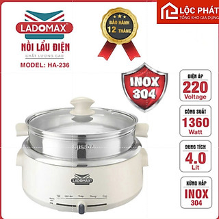 Nồi Lẩu Điện LADOMAX HA-236 Lòng Rời 4L – Inox 304 An Toàn – Nấu Lẩu & Hấp Đa Năng bảo hành 12 tháng