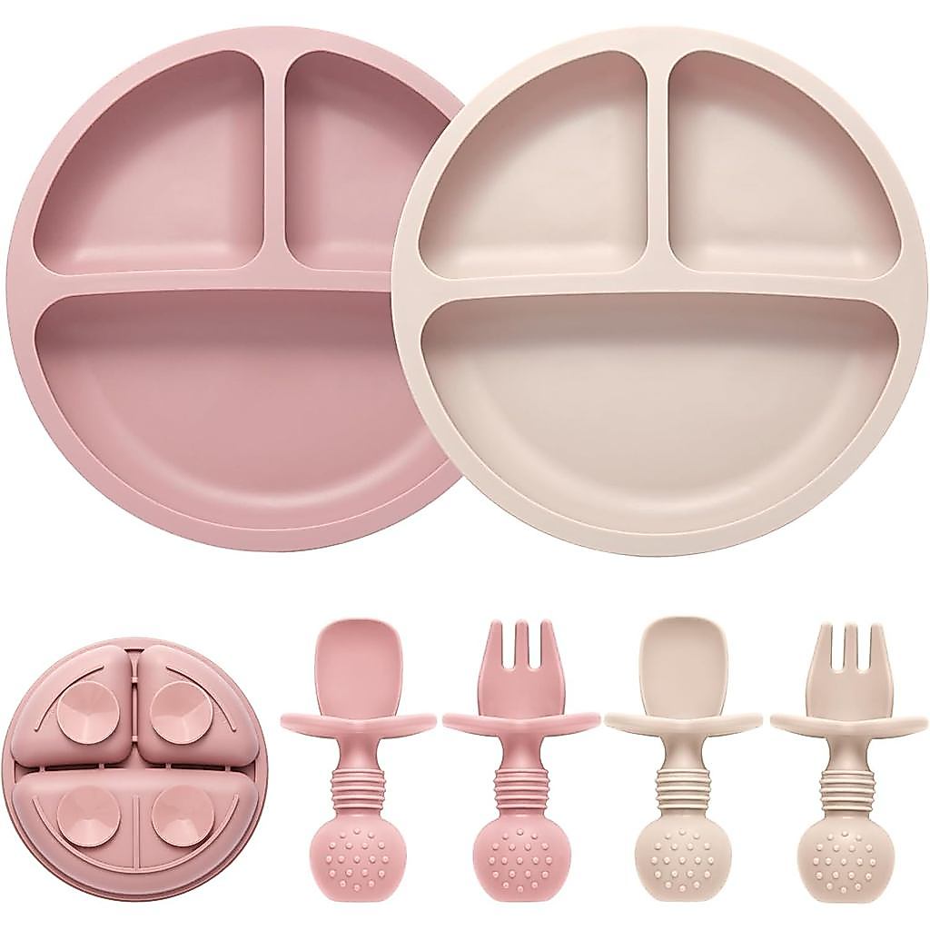 EascroznFeedingSet, 2PackDivingToddlerPlateswithSuction, 2PackUtens-Spoons & Forks, BabyLedWeaningSu
