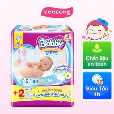 Combo 2 Tã dán Bobby siêu thấm - khô thoáng (S, 4-8kg, 80 miếng)