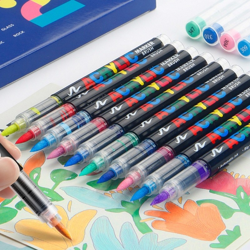 SA Liquid Acrylic Paint Marker 12 Màu Acrylic Paint Pen Nhanh Khô Bàn Chải Bút Đánh Dấu Để Tranh Trê