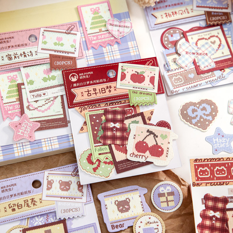 Ông Giấy 30 Cái / túi Giấy Phủ Miếng Dán Retro Phong Cách Cổ Đại Thêu Gấu Kẻ Sọc Họa Tiết Sổ Tay Nhã