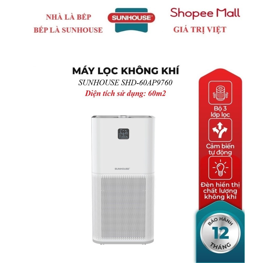 MÁY LỌC KHÔNG KHÍ SUNHOUSE SHD-60AP9760, Công nghệ ion tiên tiến , Diện tích sử dụng: 60m2, Độ ồn nhỏ, hoạt động êm ái