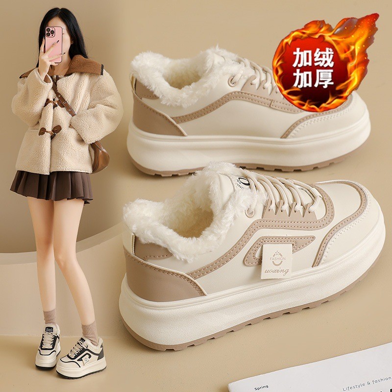 W Mùa Đông Giày Nữ Lông Cừu Lót Giày Trắng Nữ Phiên Bản Hàn Quốc Phù Hợp Với Đế Dày Dày Dày Giày Cot