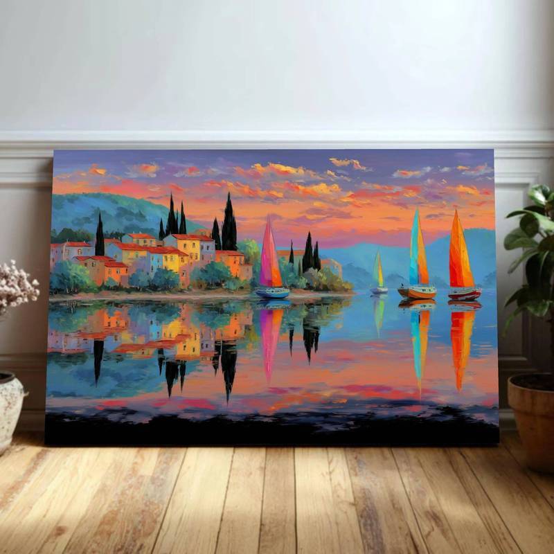 Ấn tượng Thị trấn Địa Trung Hải Canvas Nghệ thuật treo tường Kênh đào Venice Lemon Arch Street Cafe 