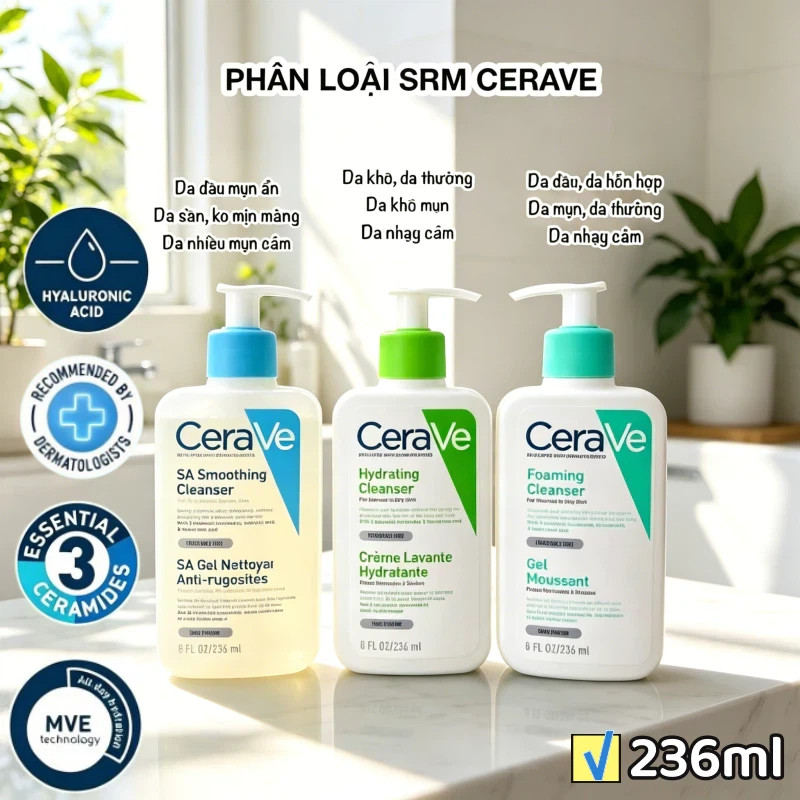 Sữa Rửa Mặt Cerave Foarming & Hydrating Facial Cleanser Sạch Sâu, Dưỡng Ẩm 236ML Mới
