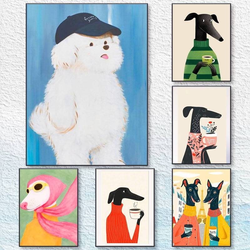 Dễ Thương Phong Cách Chó Vải Treo Tường Bộ Nghệ Thuật Bichon Frise Greyhound Whimsical Thời Trang In