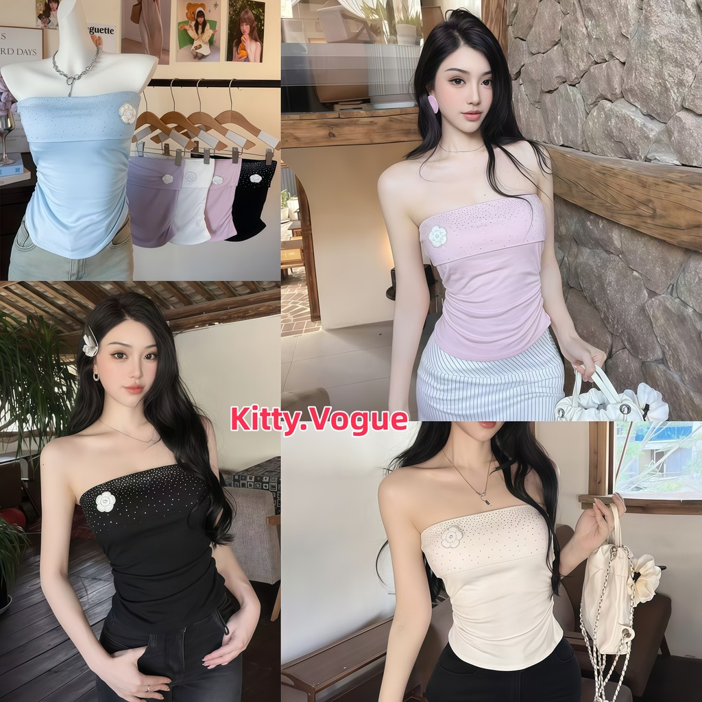 Kitty.Vogue Nữ quây Top bó sát được trang trí bằng kim cương giả Thiết kế trâm cài hoa xếp li eo pho
