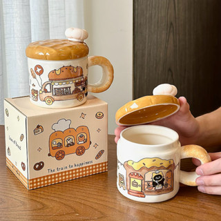  Cốc nước sáng tạo bánh mì mèo con cốc gốm sứ giá trị cao cho bé gái cốc có nắp cốc uống nước gia dụng quà sinh nhật 