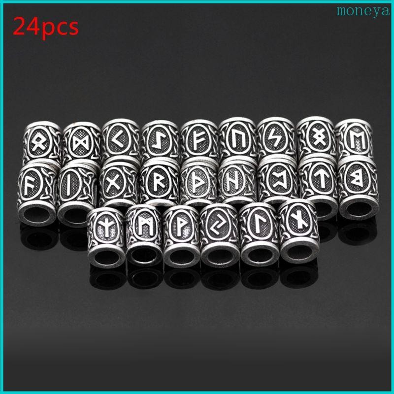 24Pcs Vintage Silver Norse Viking Rune Beads Bracelet Hair Beards Jewelry Making