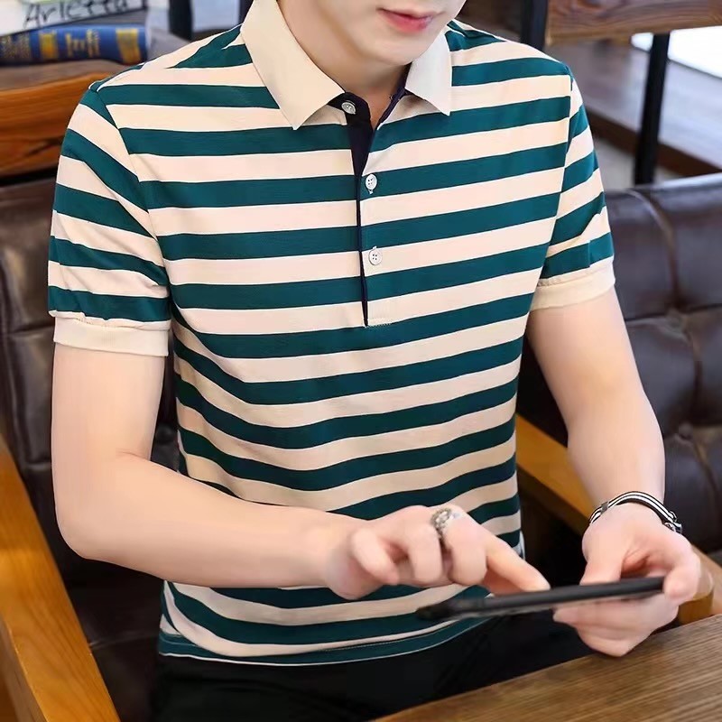 hades studio áo xanh lá Áo phông nam cổ bẻ sọc ngắn tay mùa hè