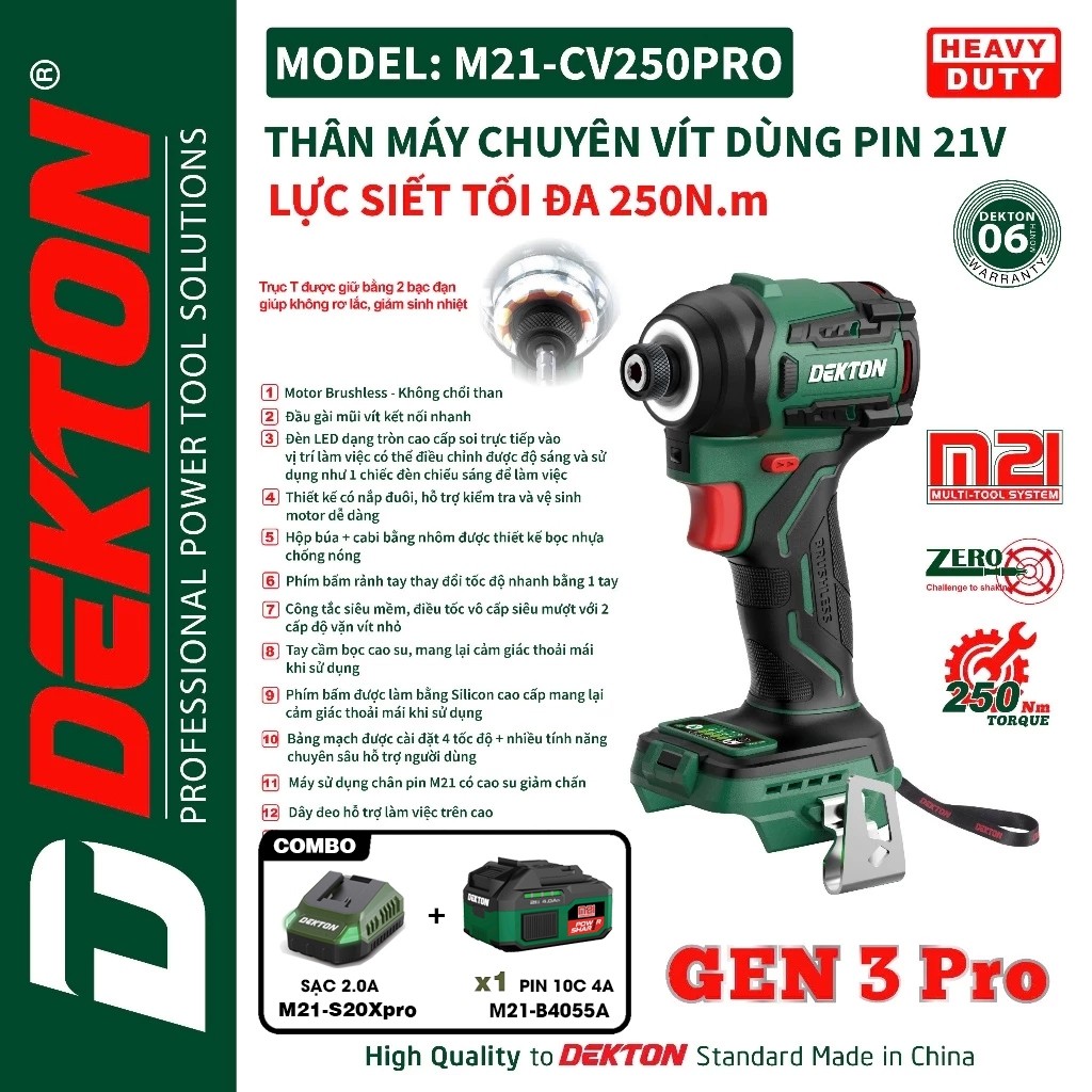 Máy chuyên vít pin DEKTON Gen 3 Pro M21-CV250PRO, Không chổi than 250Nm, 4 Tốc độ, Trục T không đảo