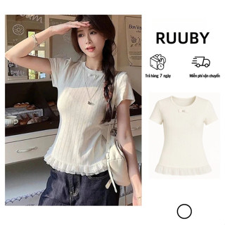  RUUBY Áo babydoll Áo baby tee Áo Thun ôm body Áo thun nữ tay ngắn thiết kế cổ tròn viền ren phối màu ôm sát 