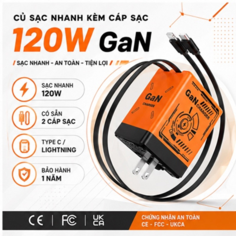 Củ Sạc Nhanh 120W GaN PUCEN HOME, Cốc Sạc Nhanh Kèm Cáp Sạc Rút 80cm PD 120W Chân Gập