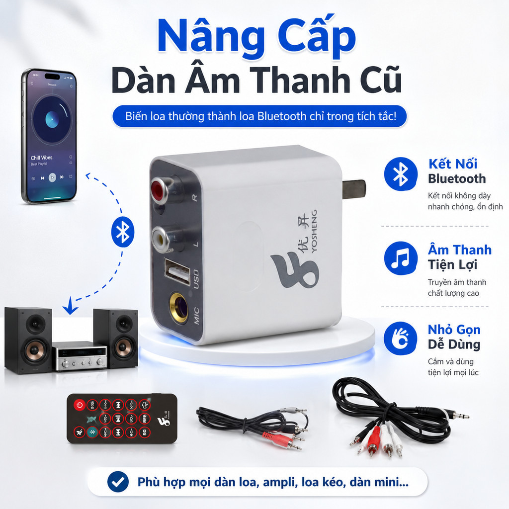 Bộ Chuyển Đổi Âm Thanh Bluetooth Cho Loa Amply Cũ, Receiver Karaoke Cắm Trực Tiếp Kèm Remote Và Dây 