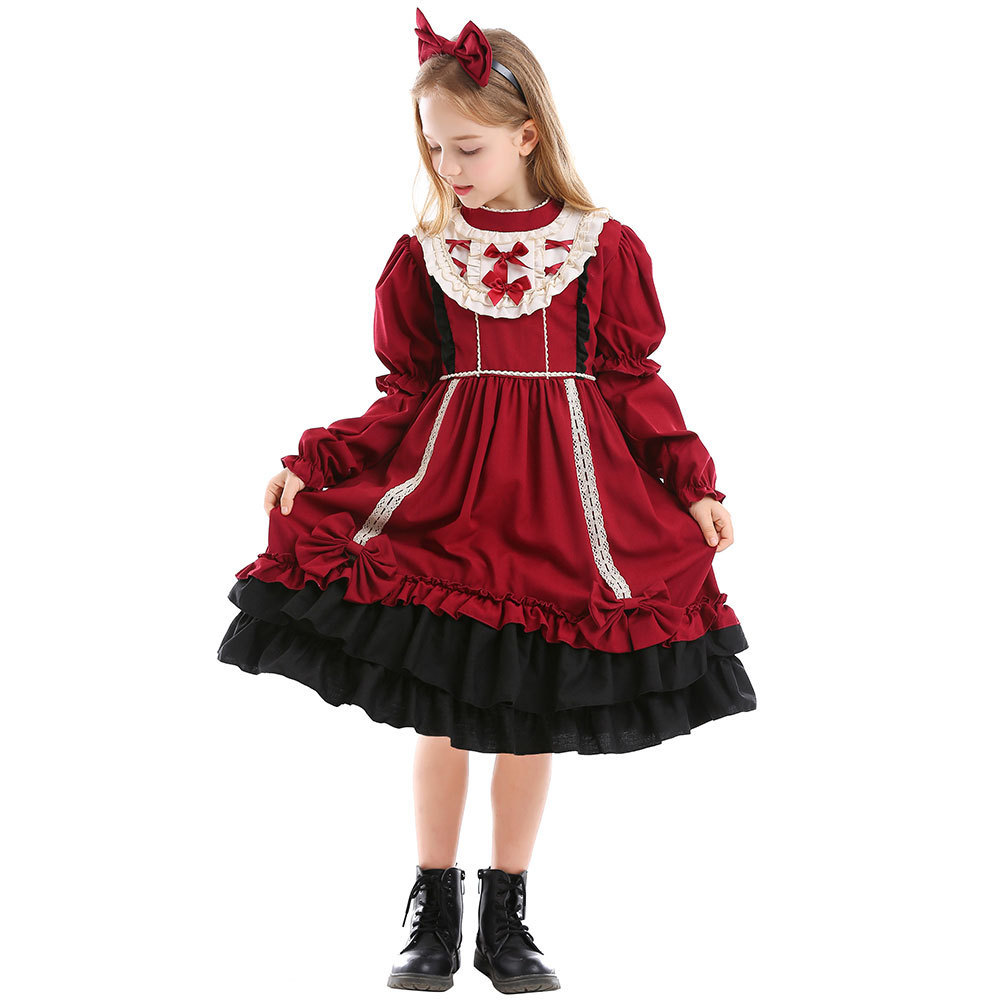 Váy Lolita cổ điển của Tây Ban Nha dành cho Halloween, trang phục công chúa, Lolita màu đỏ rượu vang