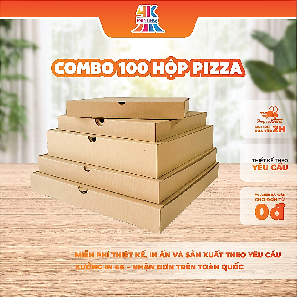 [ Combo 100 ] Hộp đựng Pizza đủ size, Hộp giấy Pizza 4KPRINT, chất liệu cứng cáp, an toàn vệ sinh th