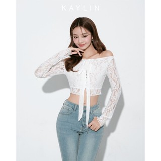 Áo kiểu KAYLIN lưới trễ vai tay dài phối nơ form Croptop chất vải thun lưới phong cách gợi cảm BST Hè 2025 - A22T6
