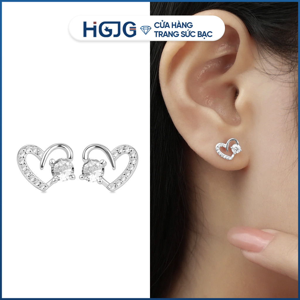 Bông Tai Bạc Nữ HGJG Trái Tim Rỗng Nạm Đá Nhỏ Viền Lấp Lánh Tinh Xảo, Bạc 925 Thiết Kế Thanh Lịch