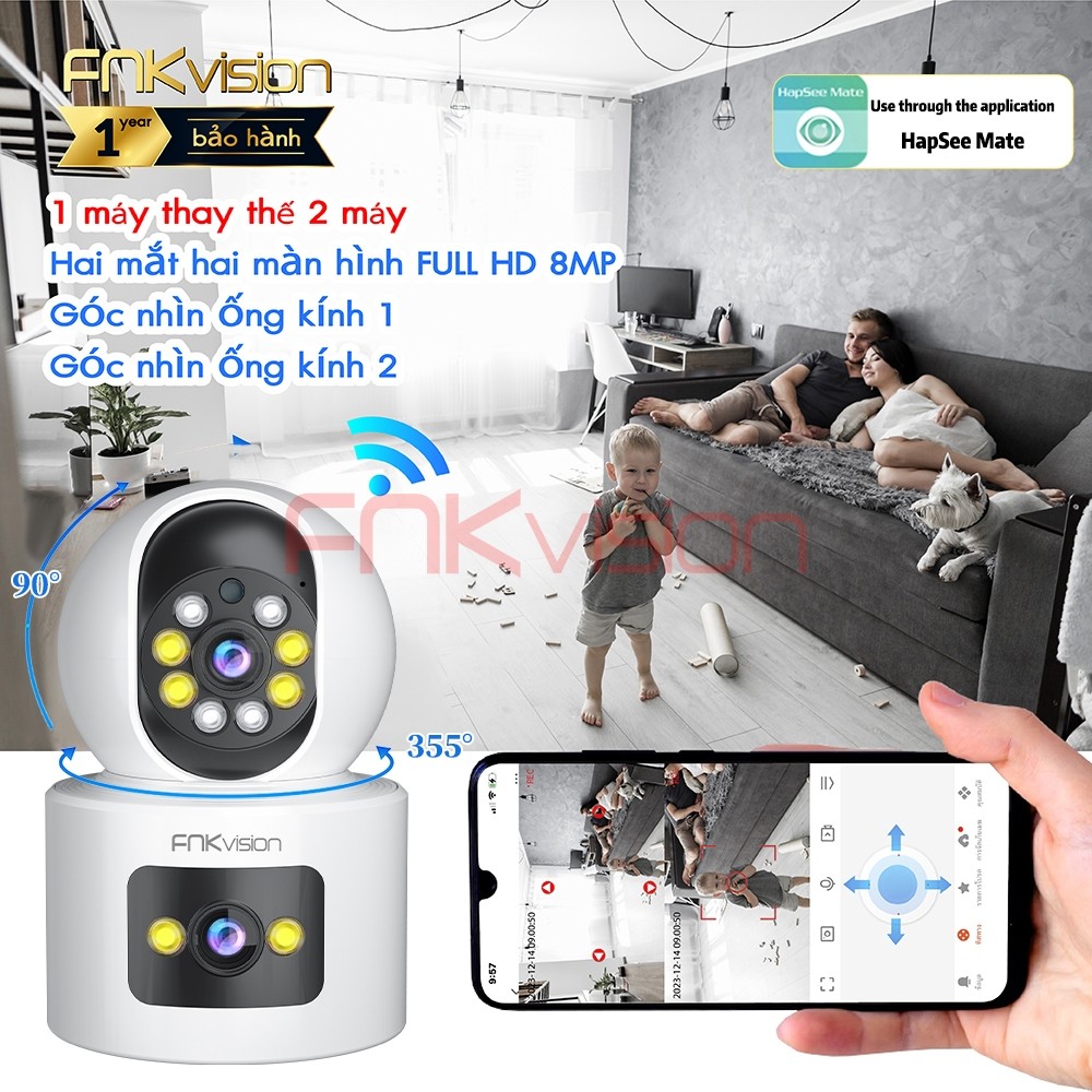 【Fnkvision】Camera Hapsee 2 Mắt Xem 2 Màn Hình [ có chân đế kèm theo] Cùng Lúc xoay 360 Độ,Xem Đêm Có