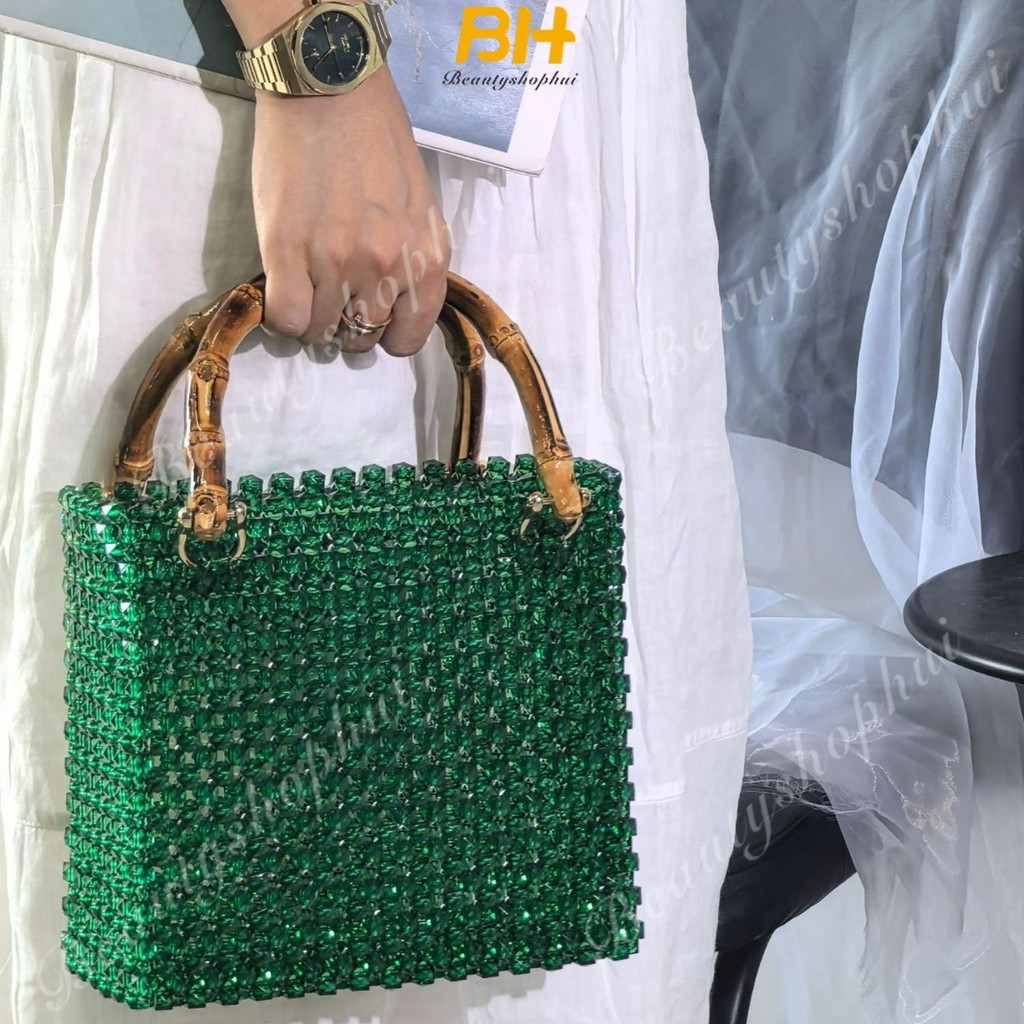 Acrylic Dệt Xanh Đậm Nút Tre Cầm Tay Vintage Đính Hạt Túi Đeo Ngang