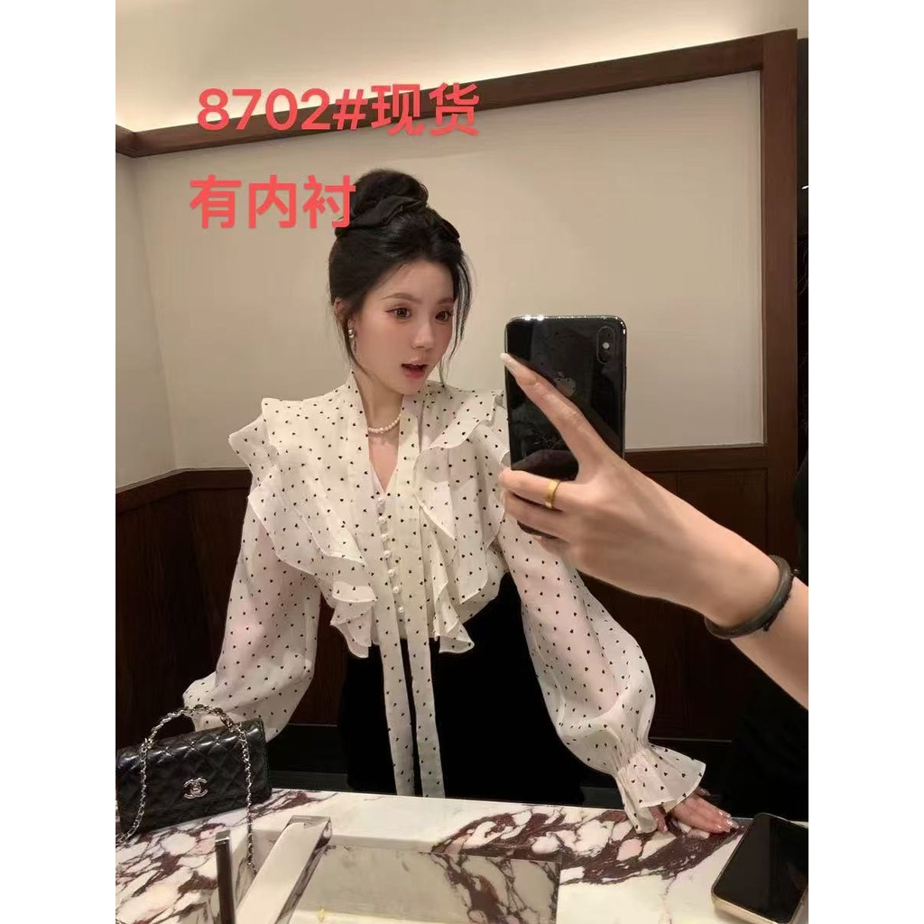 Áo sơmi phong cách Pháp ngọt ngào, có dây buộc ngọc trai và lưới kim - 7OKD