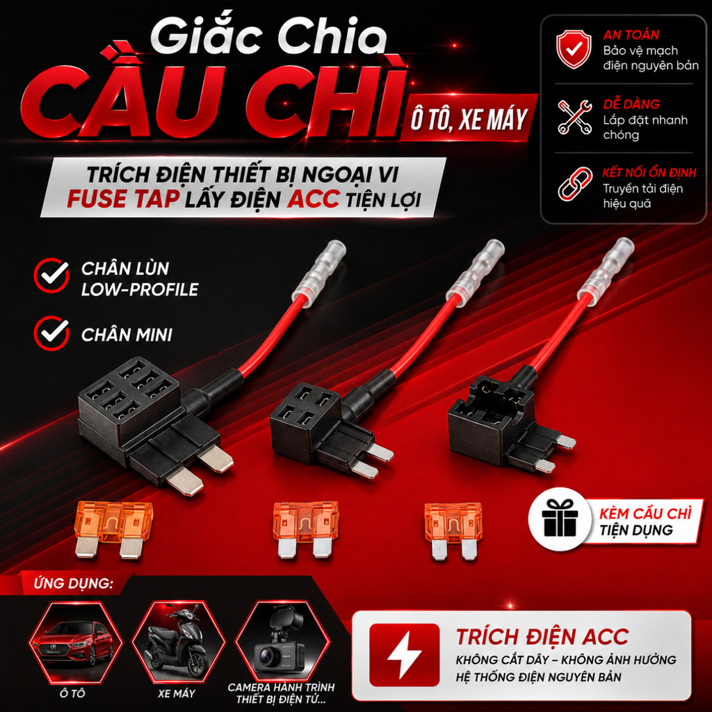 Giắc Chia Cầu Chì Ô Tô, Xe Máy Fuse Tap Chân Lùn Low-Profile Mini – Trích Điện Thiết Bị Ngoại Vi  lấ