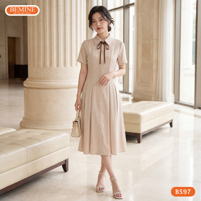 Đầm thiết kế BEMINE cổ đức đính dây nơ dáng chữ A phù hợp đi làm-B597
