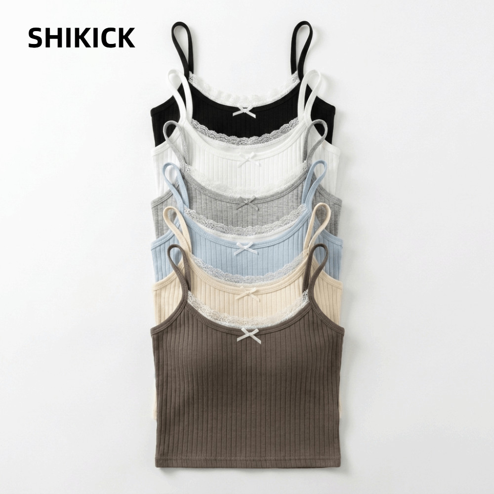 SHIKICK Spaghetti Dây Đeo Tank, Ren Viền Spaghetti Dây Ren Cami Top, Màu Trơn Ngọt Ngào Slim Fit Áo 