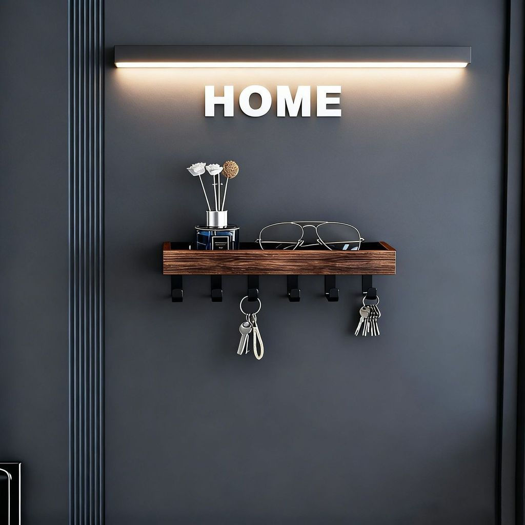 TQ~Magnetic solid wood storage rack for entryway, key hook, no-drill door-mounted shelf, hallway dec