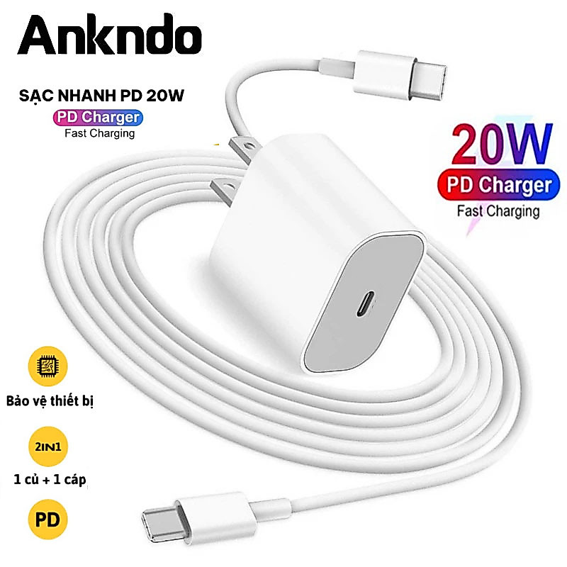 Sạc nhanh Ankndo PD 20W/ Cáp 2 Type C/ Cáp Type C sang Light-(ning