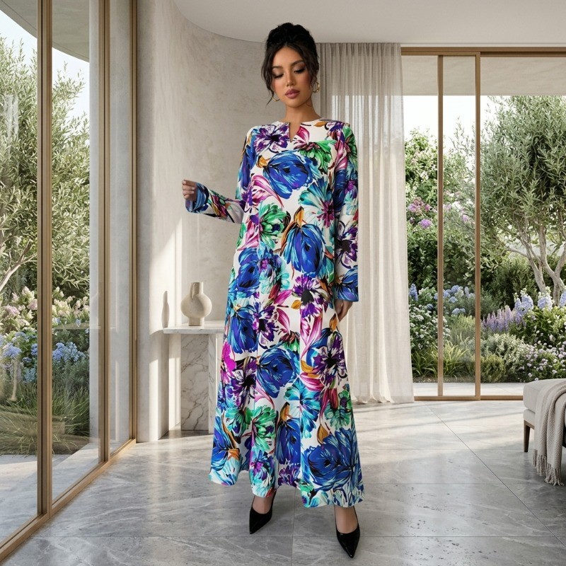 Váy Maxi dài tay in họa tiết đậm đậm nghệ thuật Đầm Maxi dài tay thanh lịch