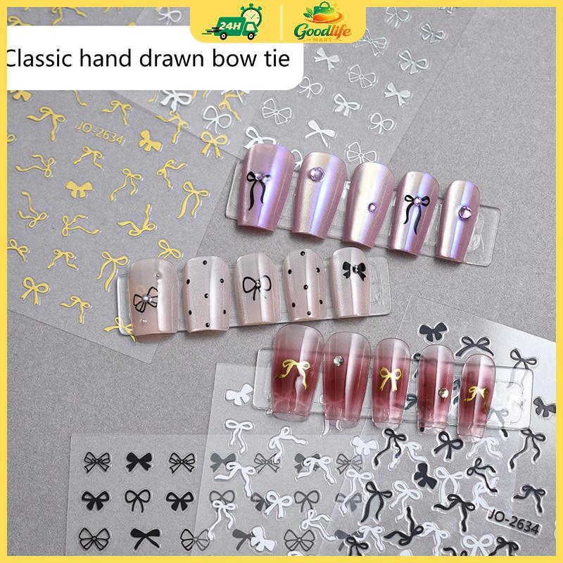 5D ngọt ngào Bow tự dính Nail Stickers Pink Black White Ribbon Kawaii DIY Nail Art