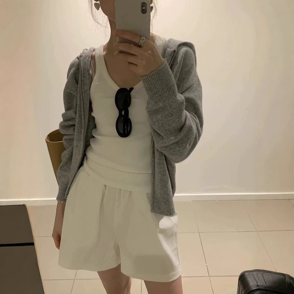 [SR-STUDIO] Bộ đồ Cardigan dệt kim có dây kéo ounce Quần short nữ mặc Bộ đồ hai mảnh H9TC