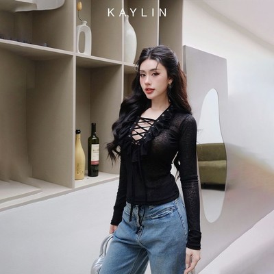 Áo kiểu KAYLIN tay dài cổ V phối bèo đan dây chất vải thun nhung co giãn phong cách gợi cảm - N2399