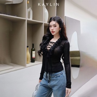  Áo kiểu KAYLIN tay dài cổ V phối bèo đan dây chất vải thun nhung co giãn phong cách gợi cảm - N2399 