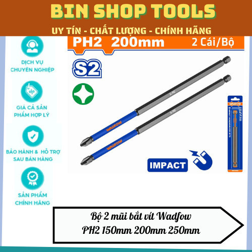 Bộ 2 mũi bắt vít Wadfow PH2 150mm 200mm 250mm , thép công nghiệp S2
