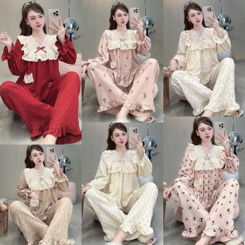 Sammy Bộ Mặc Nhà Cổ V Viền ren bản to chất liệu Đũi Vân mây hoạ tiết xinh xắn dễ thương cho Nữ DD22 Sammy nhiều màu sắc