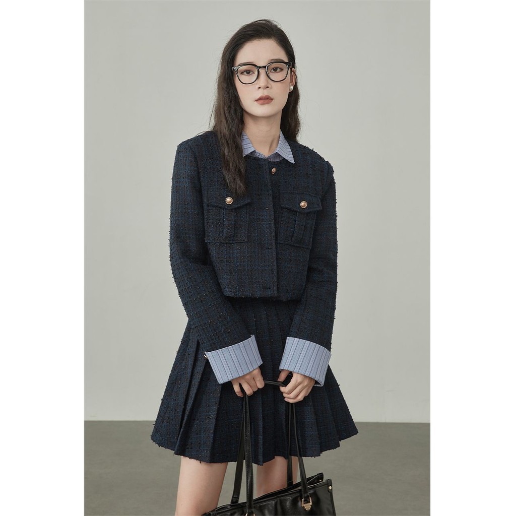 Navy Blue Chanel Style 2025 Phong Cách Mới Phù Hợp Với Áo Khoác Phù Hợp Với Ngắn + Nửa Chiều Dài Ôm 