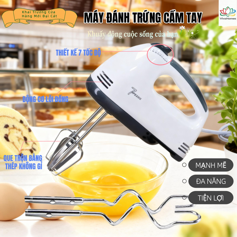 Máy đánh trứng cầm tay 7 tốc độ, có thể dùng để đánh trứng, đánh bông kem, đi kèm 4 đầu đánh.